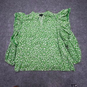 Who What Wear XXL Kelly Green & White Floral Blouse With Ruffle‎ Sleeves